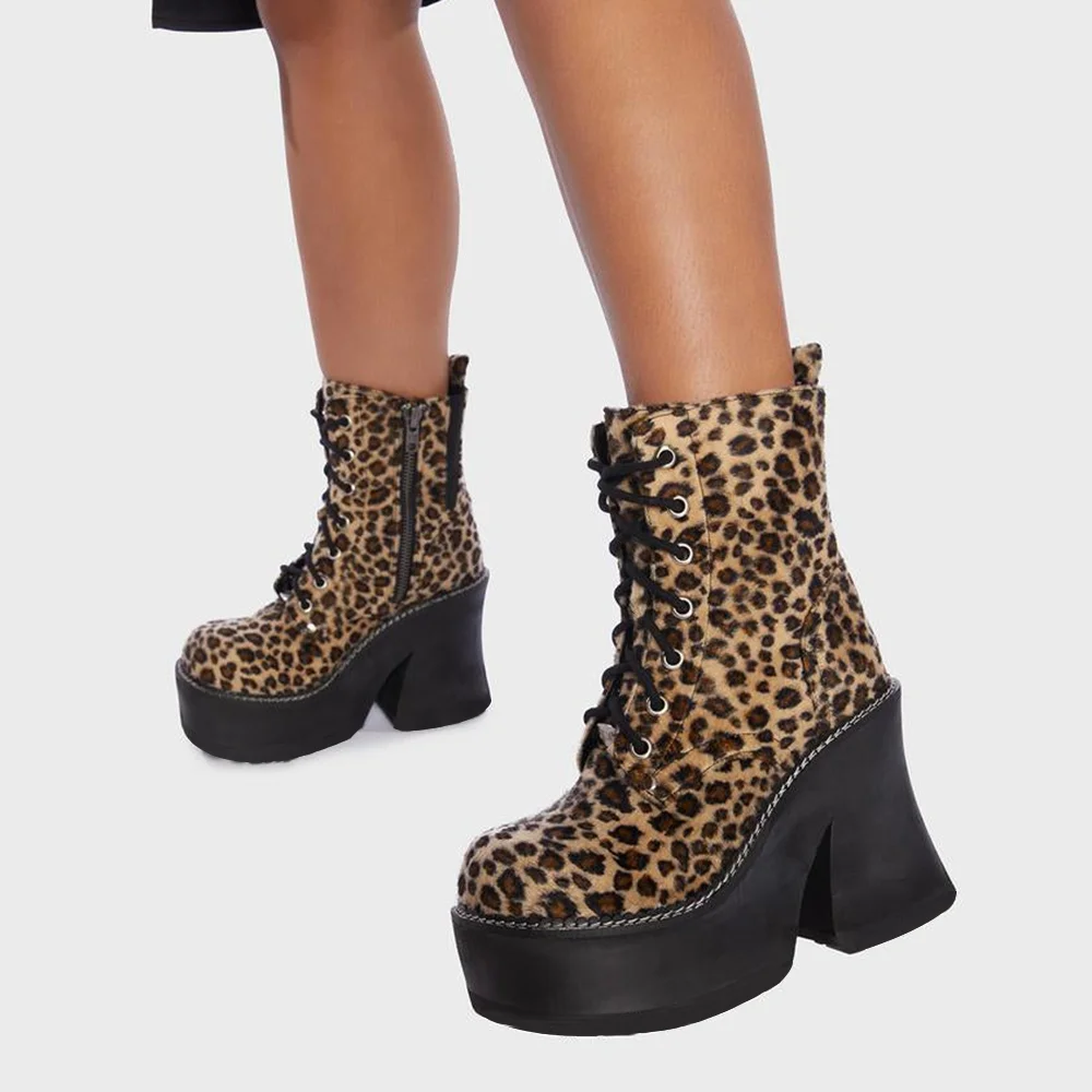 Leopard  Boots Chunky Heel calf Booties Nicepairs