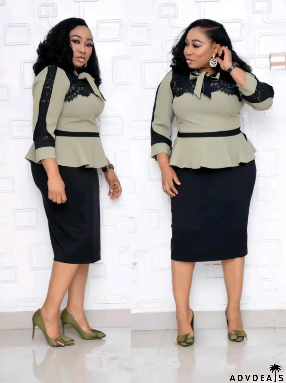 Plus Size Mature Women Elegant Peplum Dress with Full Sleeves