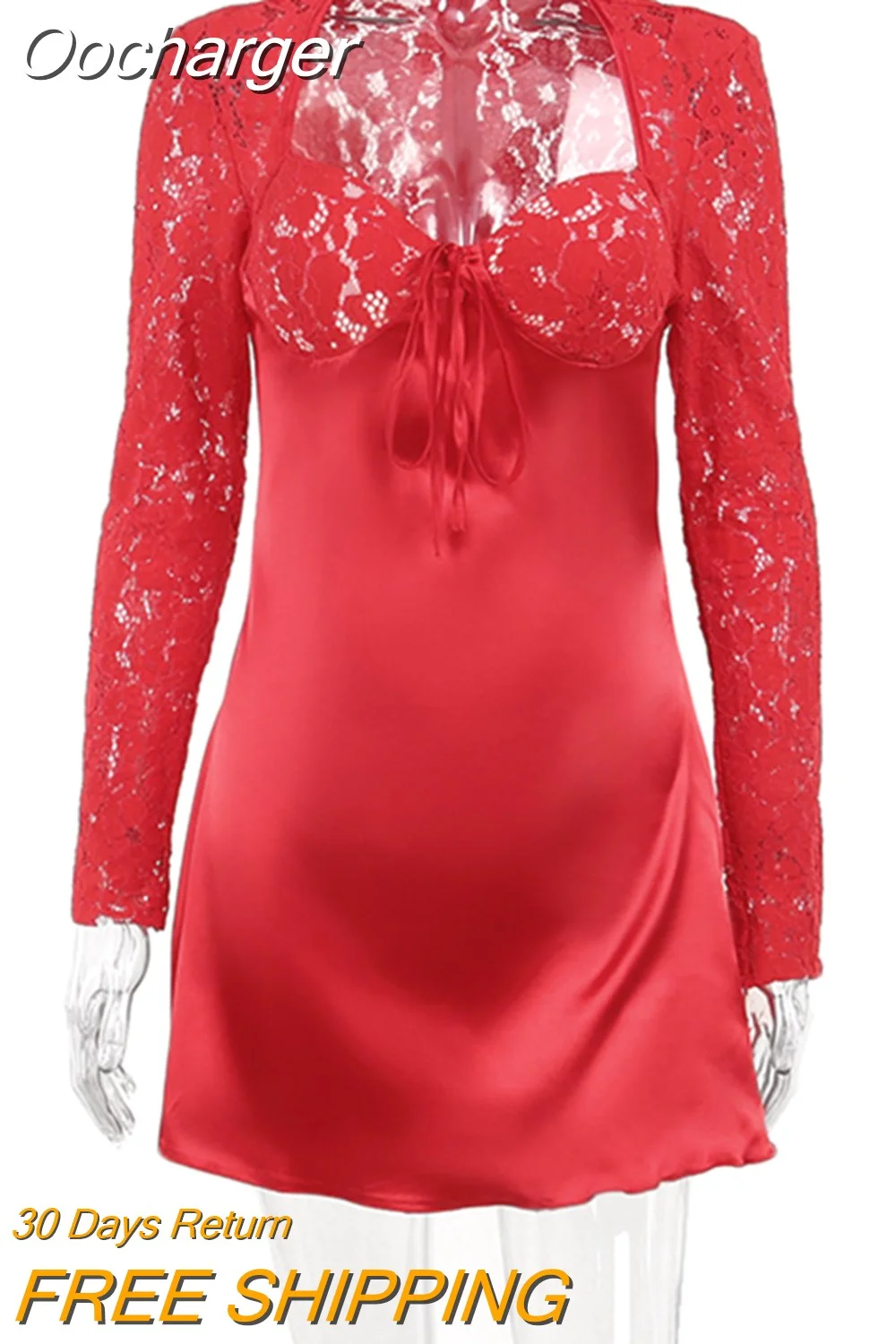 Oocharger Red Lace Sexy Mini Dress For Women Robe Full Sleeve Square Collar Lace-up Wrap Hip Bodycon Club Party Dress Vestido