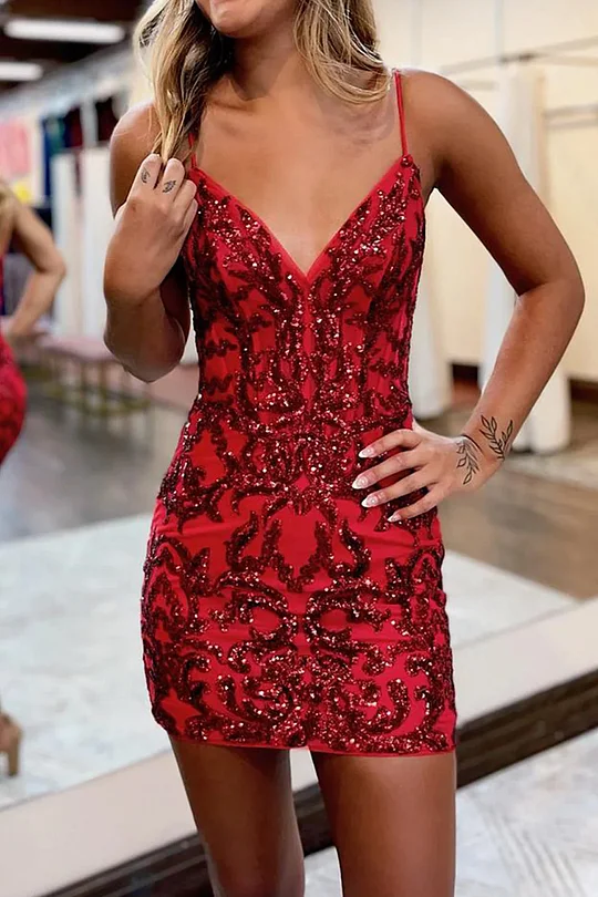 Red Sparkly Lace Homecoming Dress with Sequin Bodice and Removable Sleeves  - Sweetheart Neck Hoco Dress hc186 - Red / US0