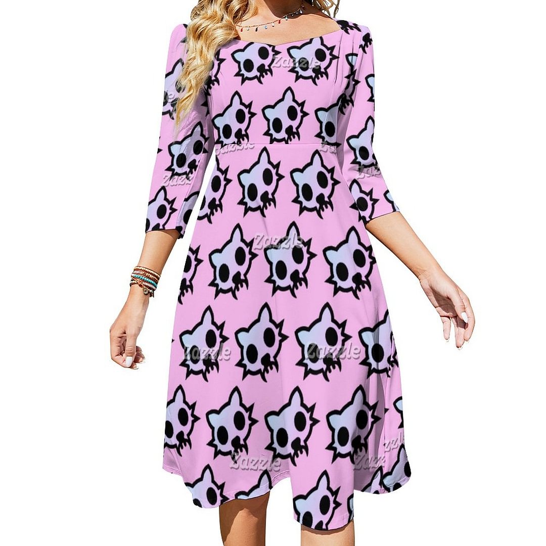 Pastel Goth Creepy Cute Wide Eyed Cat Emoji Dress Sweetheart Tie Back Flared 3/4 Sleeve Midi Dresses