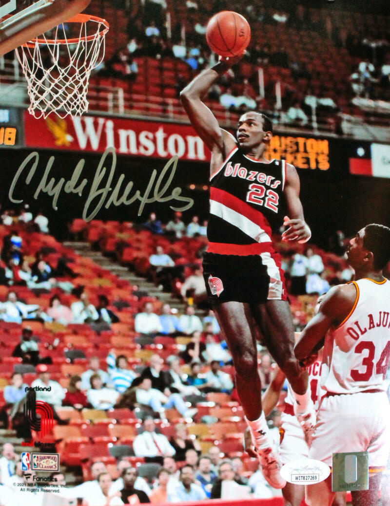 Clyde Drexler Autographed Portland Blazers 8x10 Dunk V. Rockets Photo Poster painting- JSA W