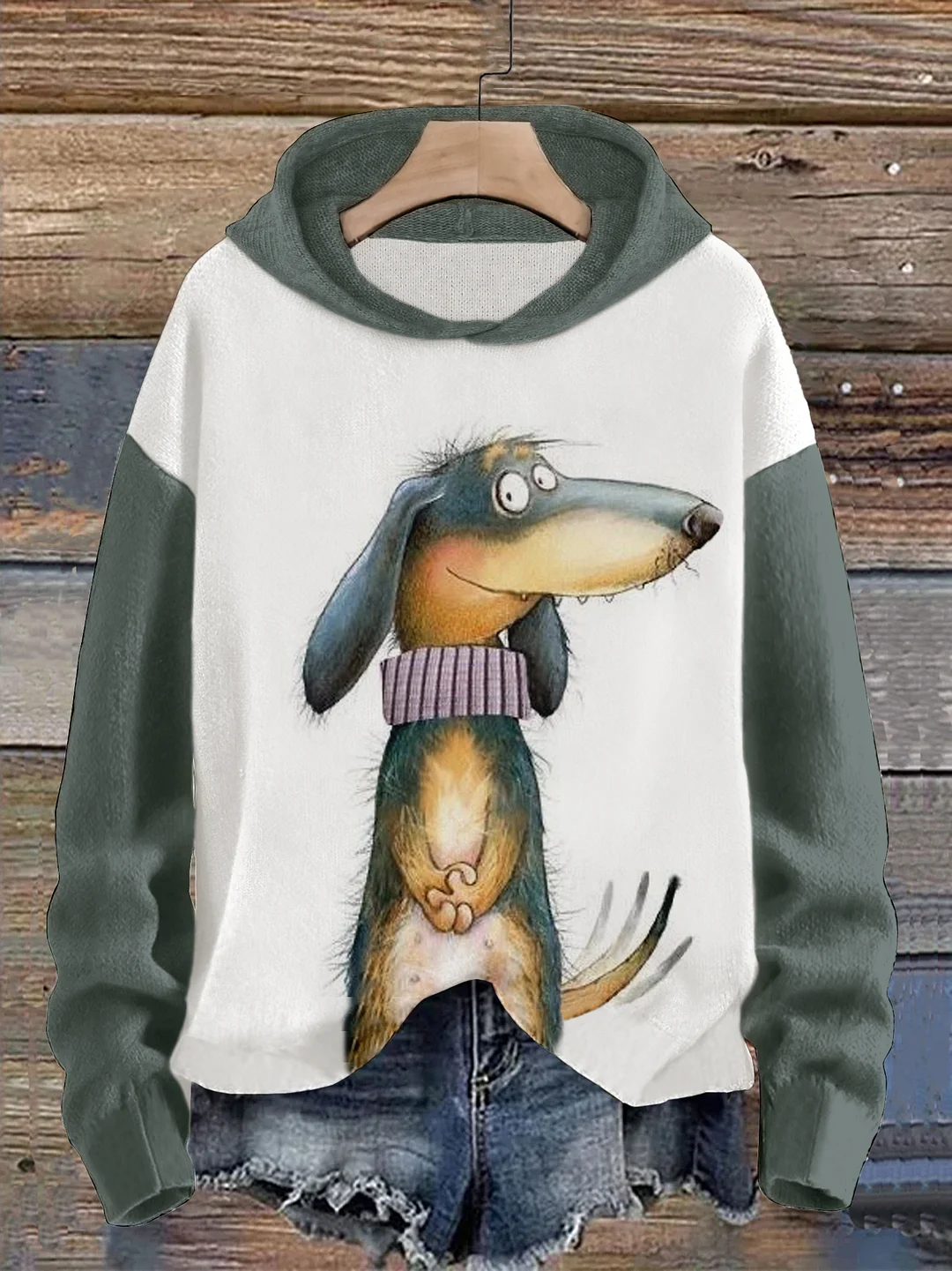 Women's Dachshund Dog Printed Color Block Splice Hoodie