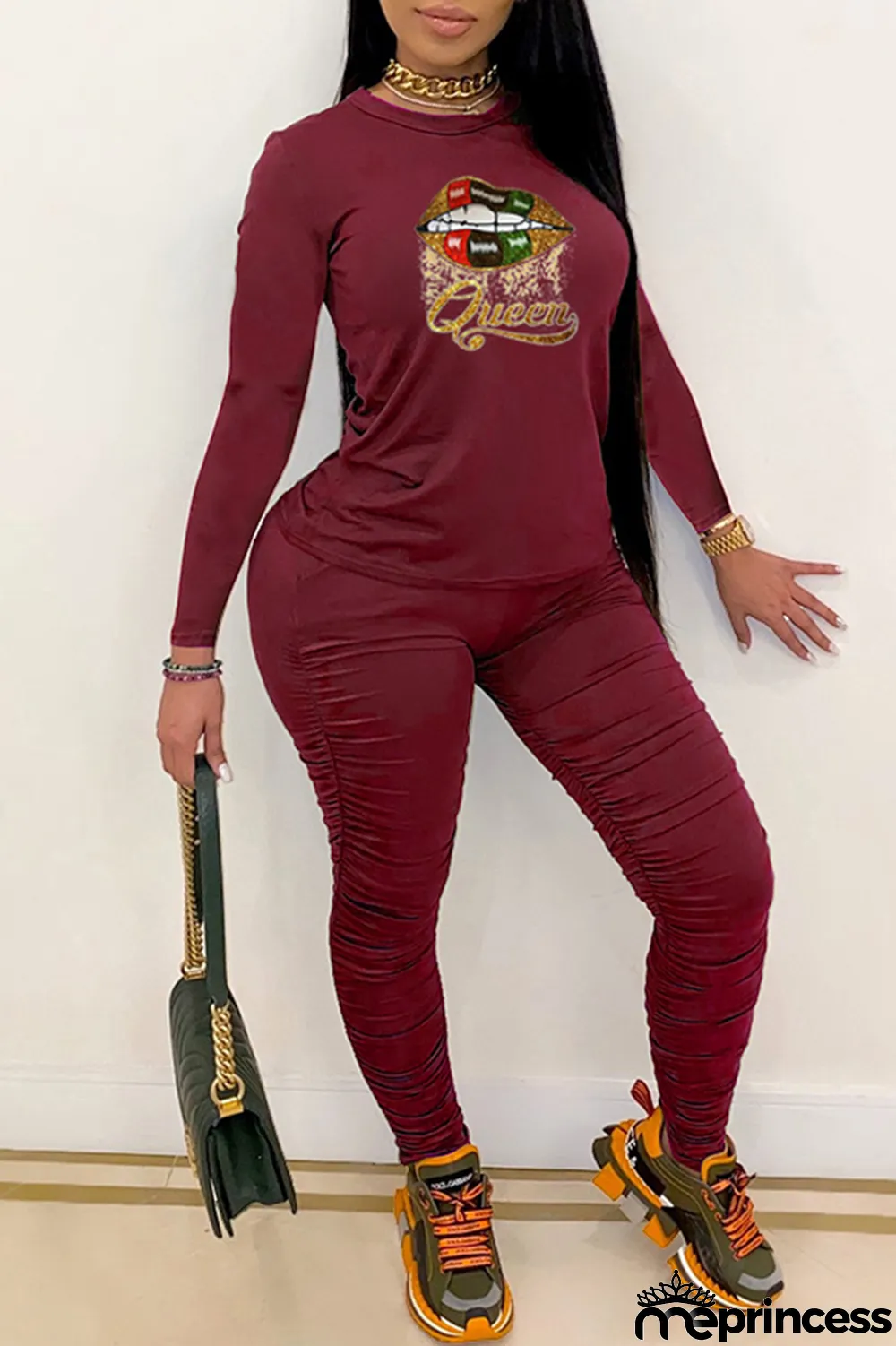 Burgundy Fashion Casual Print Fold O Neck Long Sleeve Two Pieces