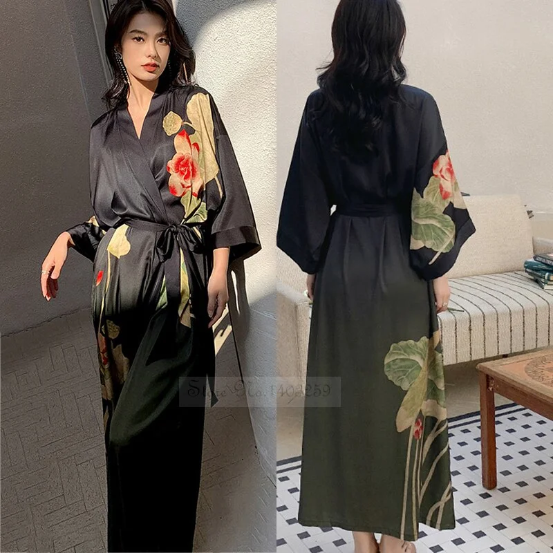 Female Long Robe Nightgown New Spring Summer  Print Flower Kimono Bathrobe Gown Casual Silk Satin Home Dress Lounge Wear