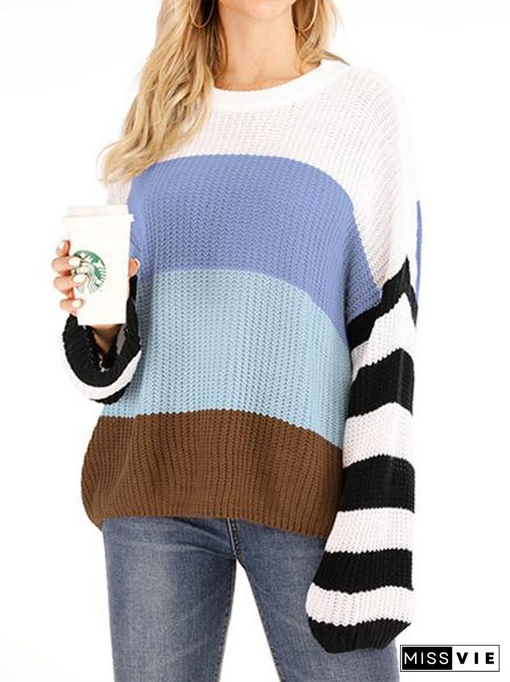 Women's Long Sleeve Scoop Neck Striped Stitching Loose Sweater Top