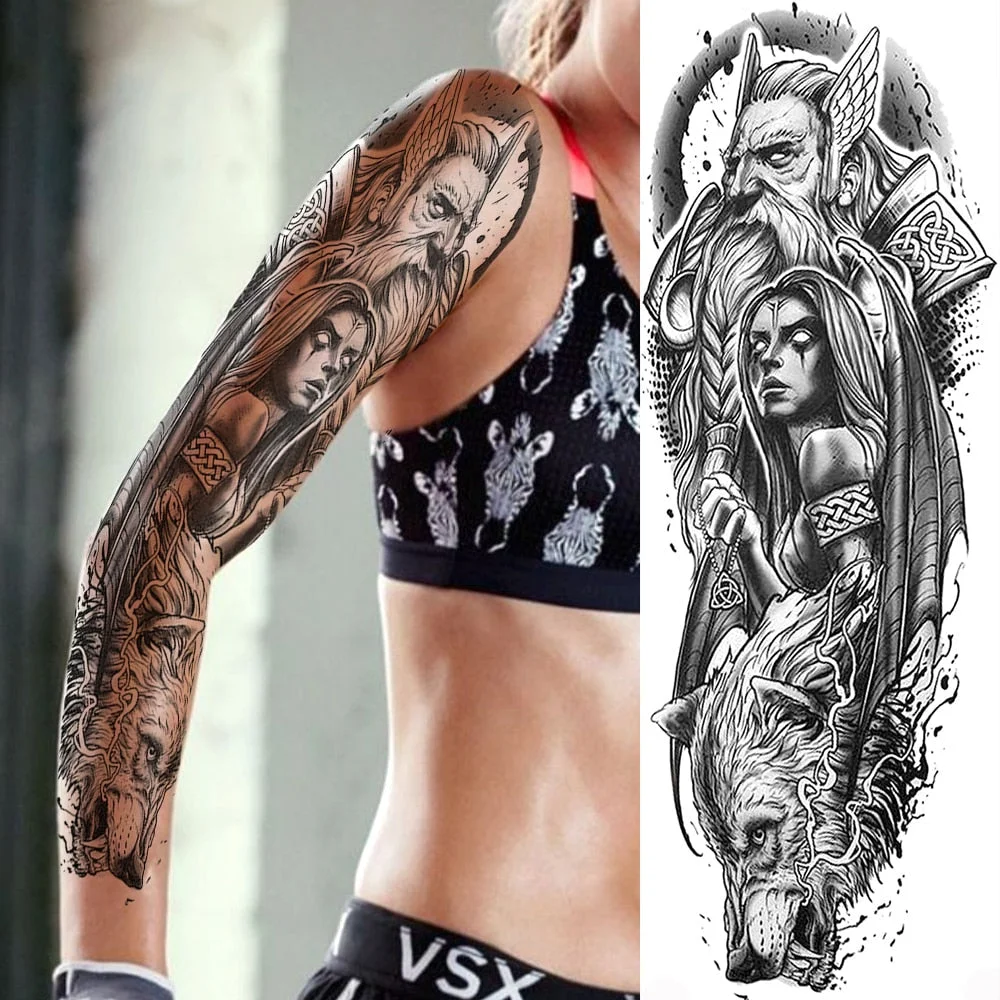 Tribal Maori Temporary Tattoo Sleeve For Men Women Adult Wolf Lion Tattoos Sticker Black Large Turtle Tiki Fake Tatoos Supplies 515