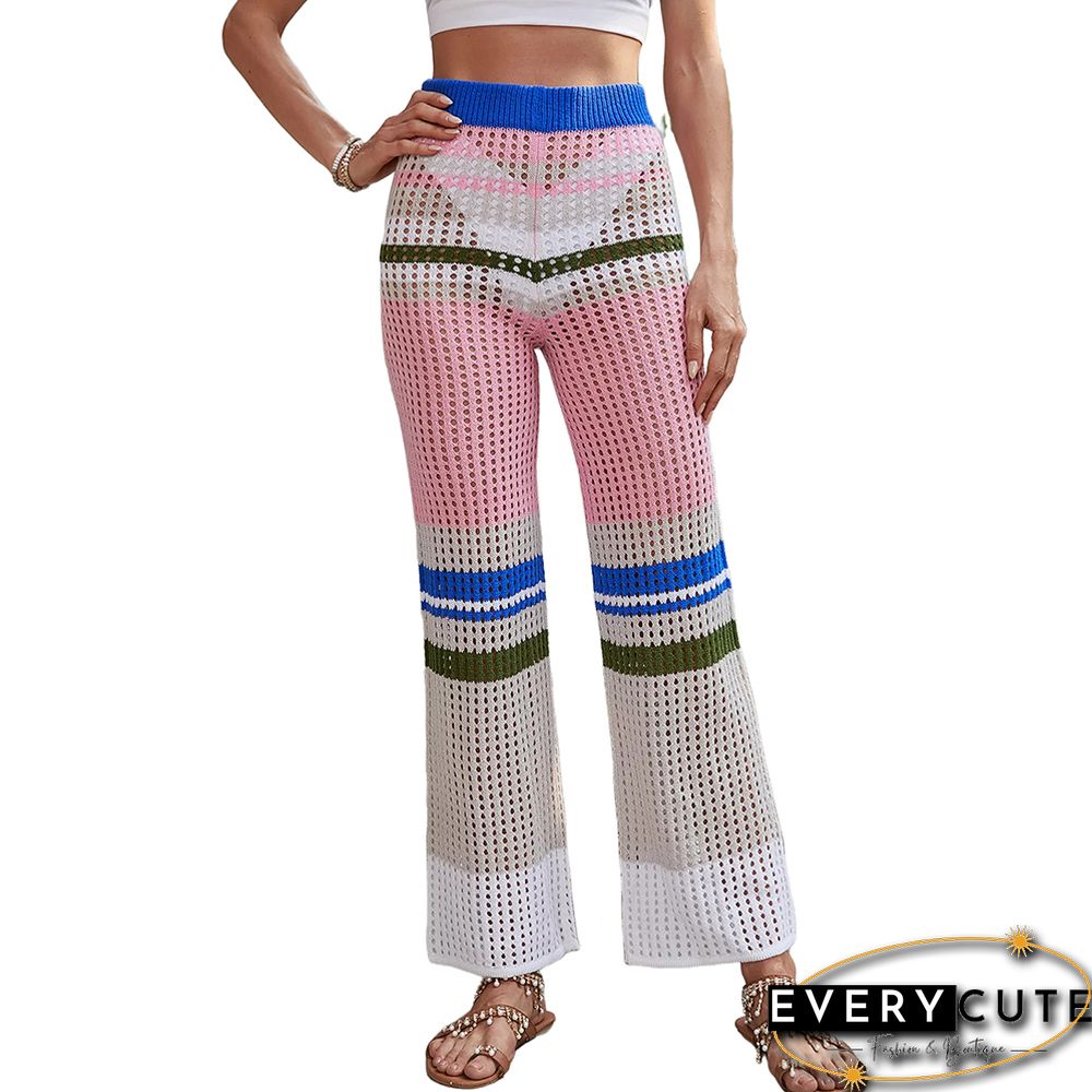 Pink Color Block Elastic Waist Knit Straight Leg Pants