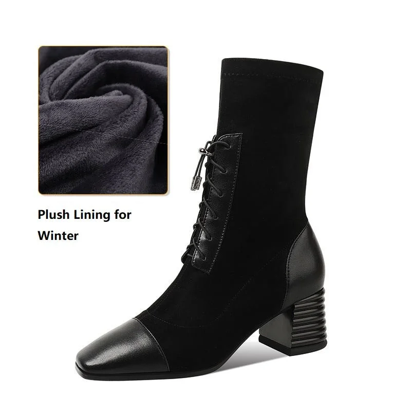 Mid Heel Slim Sock Boots,Women Autumn/Winter Shoes,Square Toe,Lace-up,Thick Heel,Stretch Fabric Boot,Female Footware,Brown,BLACK