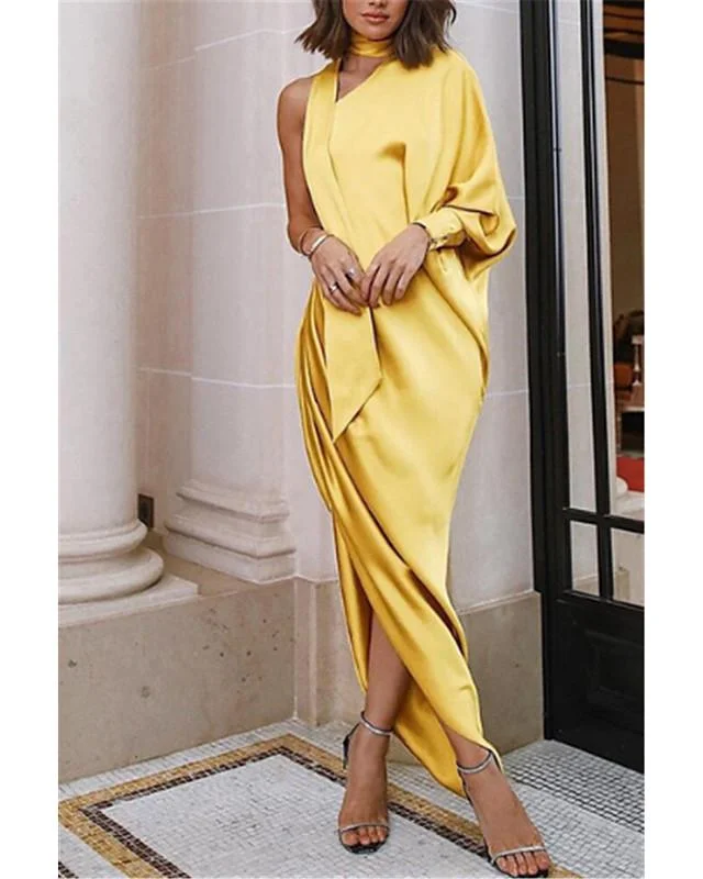 Women's Swing Dress Midi Dress Long Sleeve Solid Colored Split Ruched Ruffle Fall Winter Hot Sexy Puff Sleeve Kentucky Derby Yellow Wine Orange