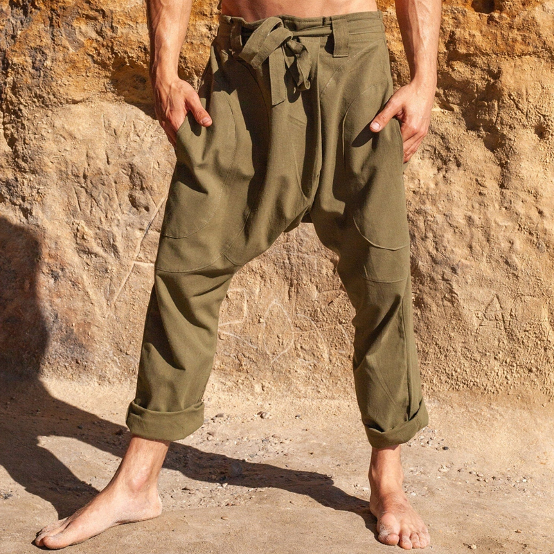 Men's Cotton Olive Green Low-Crotch Harem Trousers