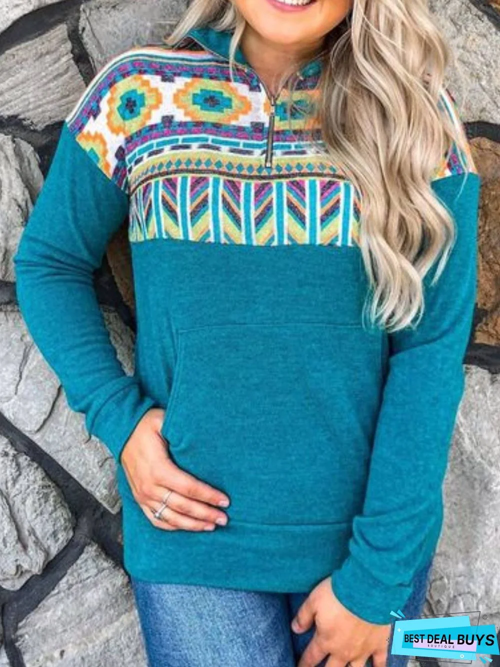 Blue Tribal Cotton-Blend Stand Collar Long Sleeve Sweatshirt