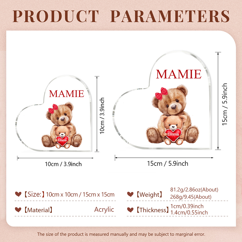 À ma Maman/Mamie - Plaque Acrylique Ours en Forme de Cœur 1 Prénom Personnalisé avec 1 Texte