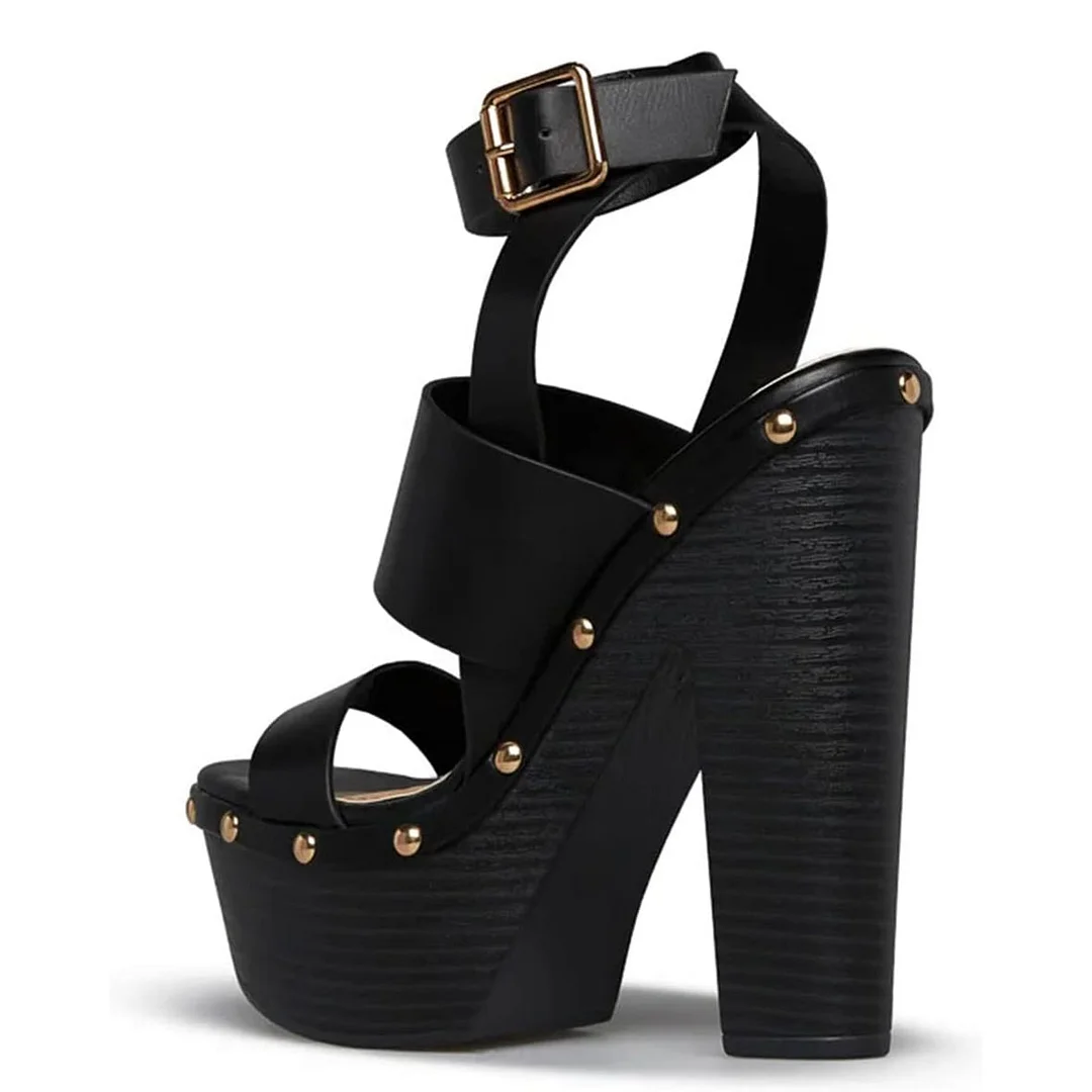 Open-Toe Ankle Strap Chunky Heel Studded Black Platform Sandals