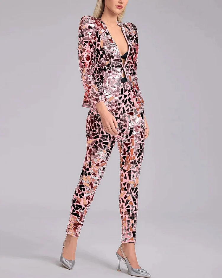 Deep V Neck Mirror Sequin Blazer and Pants Two-Piece Set