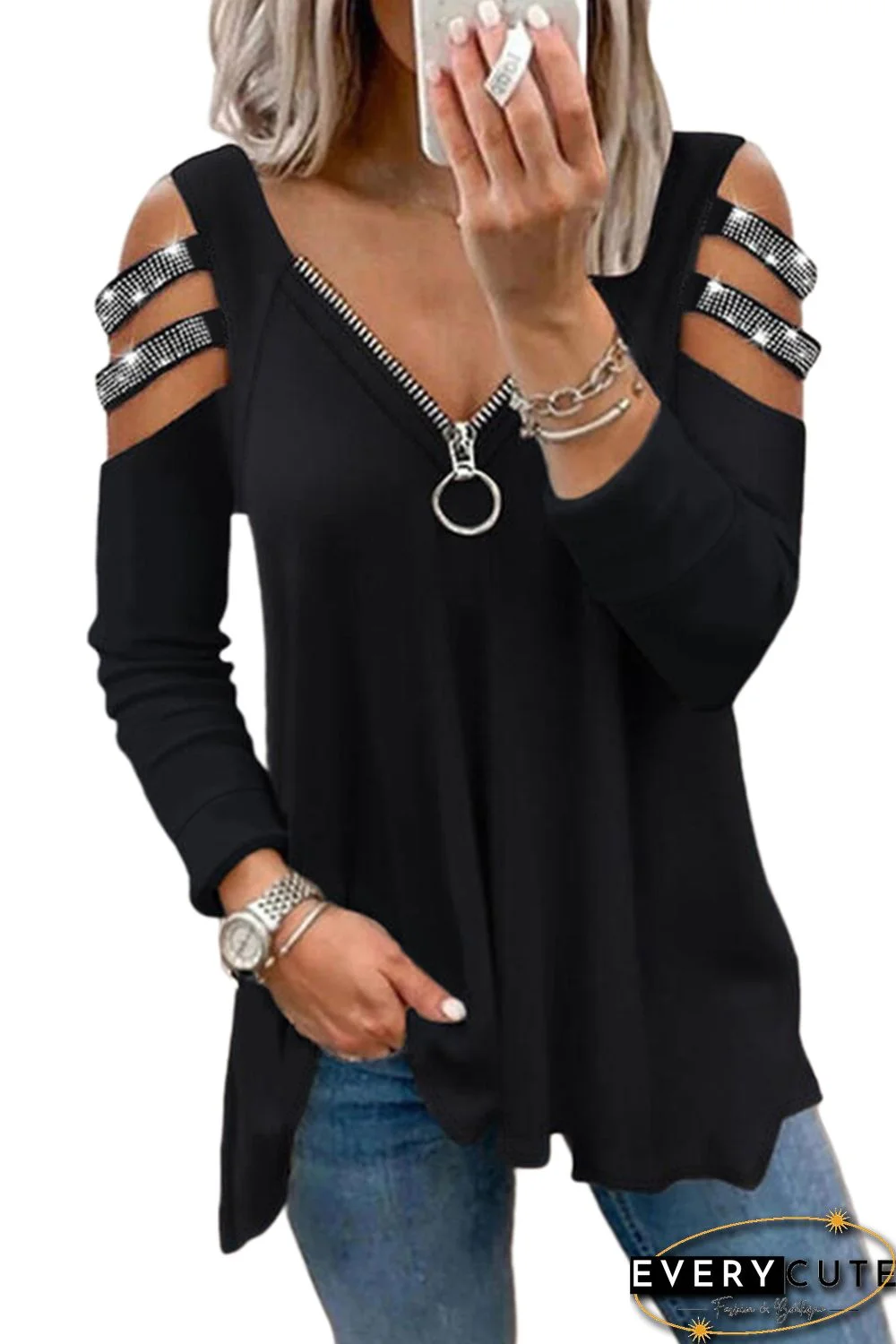 Solid Sequins Cold Shoulder Long Sleeve Top