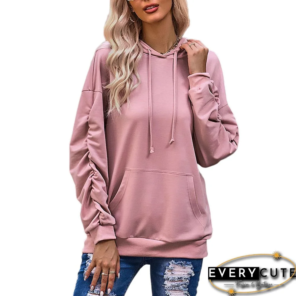 Pink Pleated Sleeve Drop Shoulder Kangroo Hoodie
