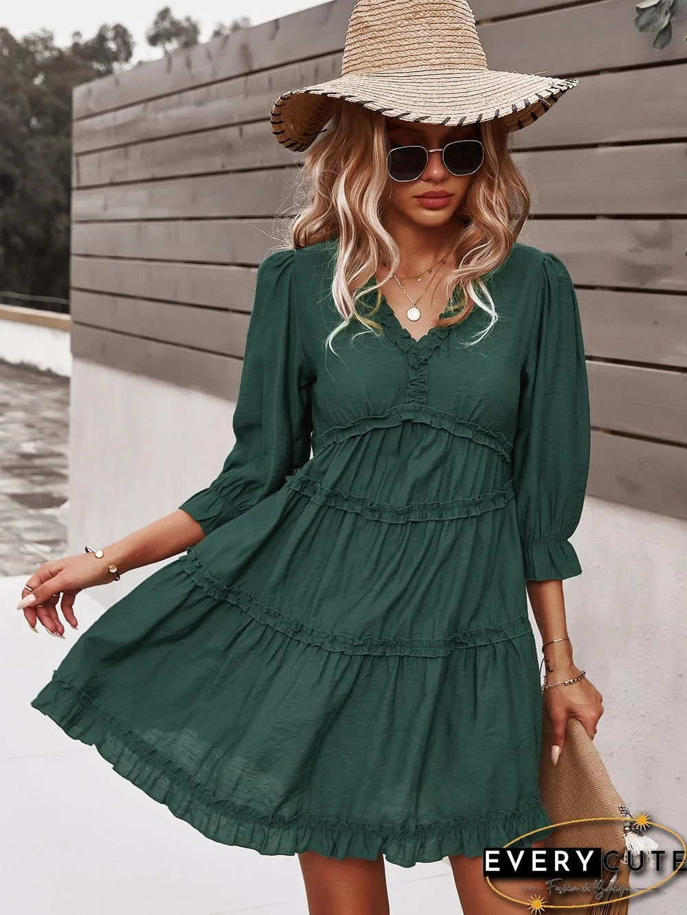 Green V Neck Ruffle Mini Dress