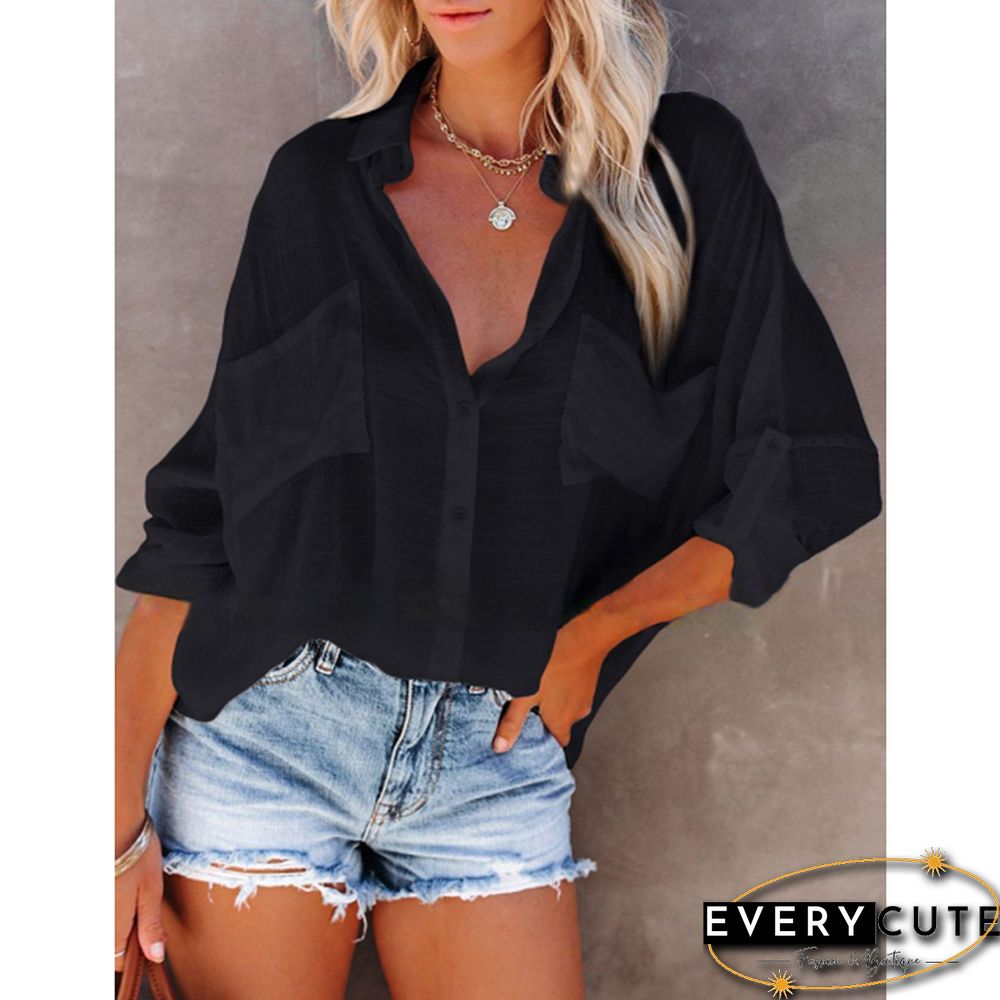 Black Lapel Collar Pocket Button Shirt