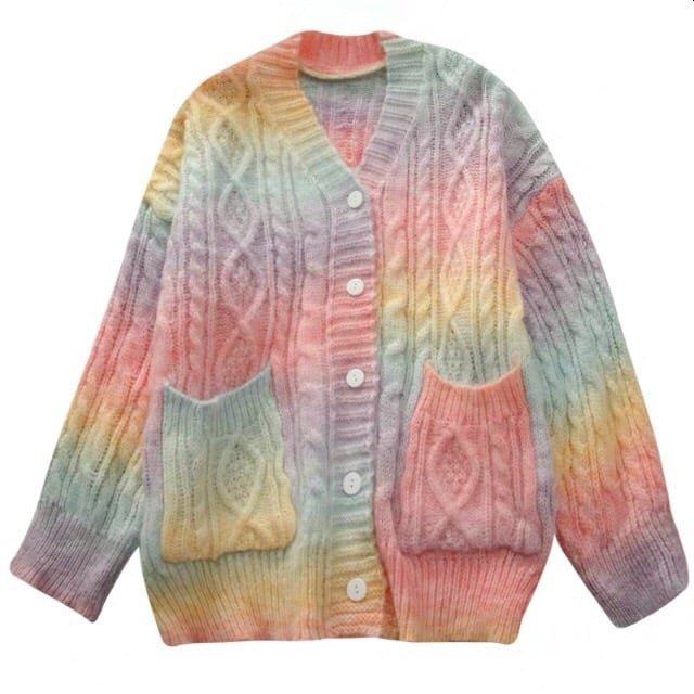 Women Knitted Jacket Tie Dye Pastel Rainbow Kawaii Aesthetic Cardigan Sweater Novameme