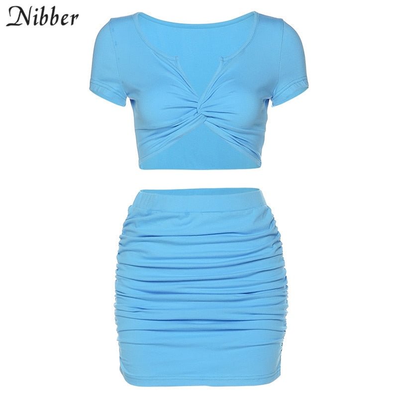 Nibber summe cotton short sleeve tees skirt 2two pieces sets woman 2020ladies casual streetwear crop tops Basic mini skirt suits