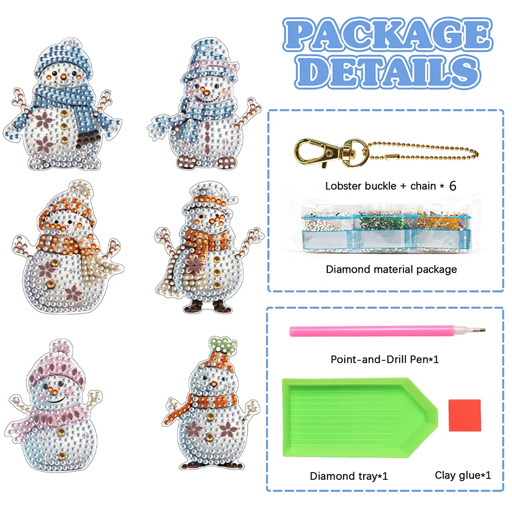 6pcs DIY Snowman Diamond Art Key Rings Double Sided Keychain Supplies Gift for Kids