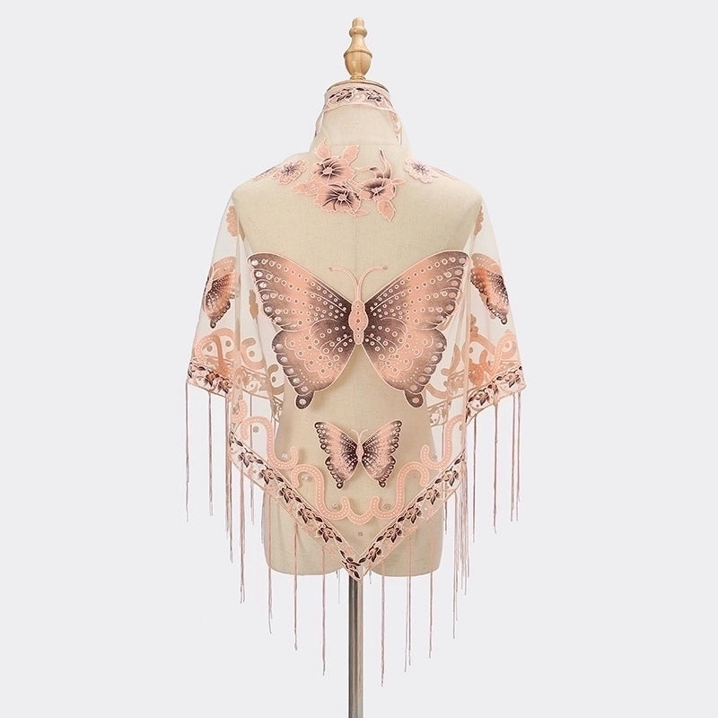 New Tassel Triangle Scarf Solid Color Hollow Lace Butterfly Embroidered Triangle Shawl Scarf For Women