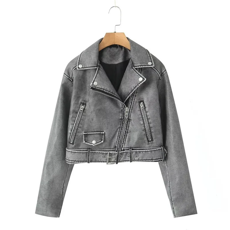 Woherb Woherb Retro Lapel Loose Imitation Leather Coat Personality Fashion Women's Fall Wash Zipper Type Leather Clothes-Outfit Ideas
