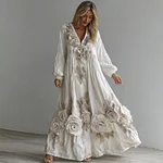 Women's Vintage Boho White Floral Lace Art Flowy Maxi Dress - Image 2