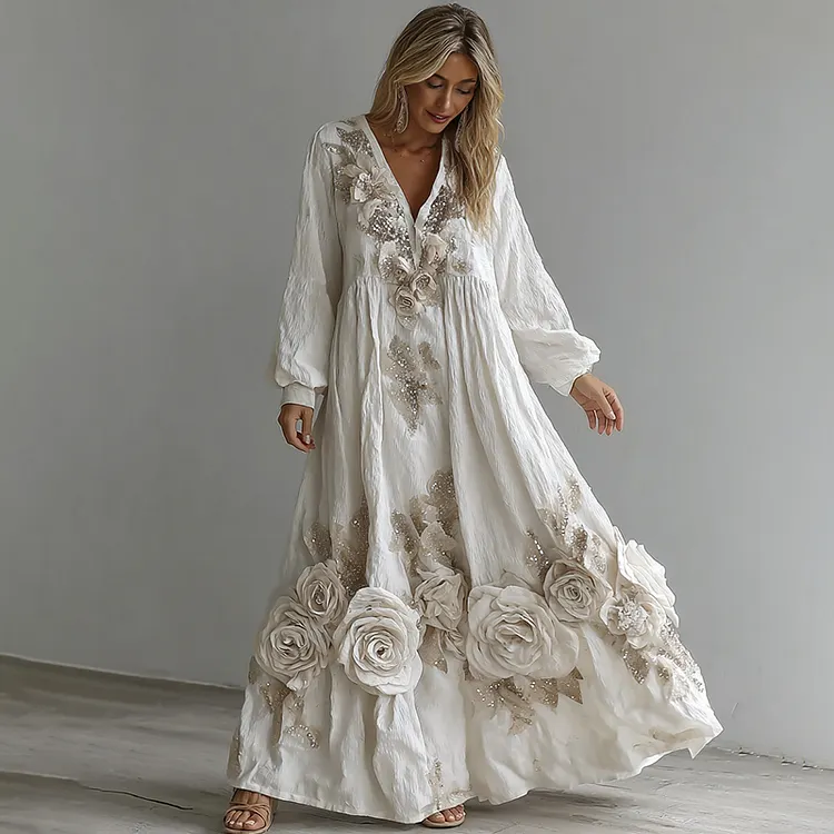 Women's Vintage Boho White Floral Lace Art Flowy Maxi Dress