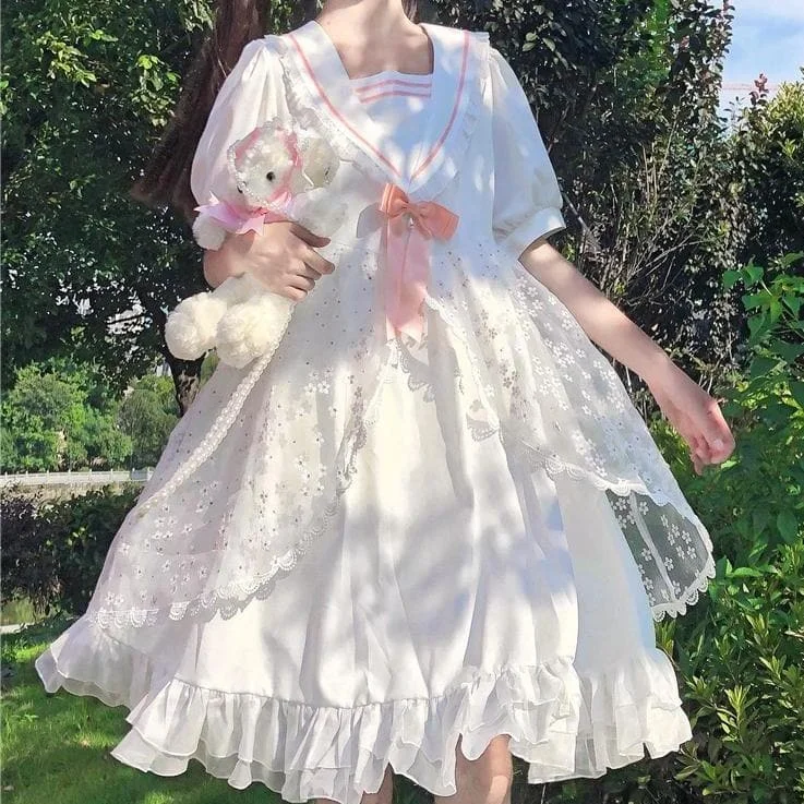 Kawaii Bow Lolita Navy Collar Lace White Mid Long Dress SS0825