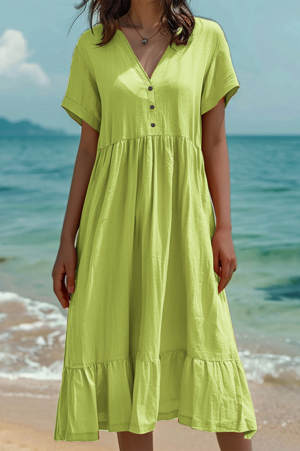 Plus Size Vacation Lemon Green Cotton And Linen Button Ruffle Hem Midi Dress 2024 - Flycurvy 