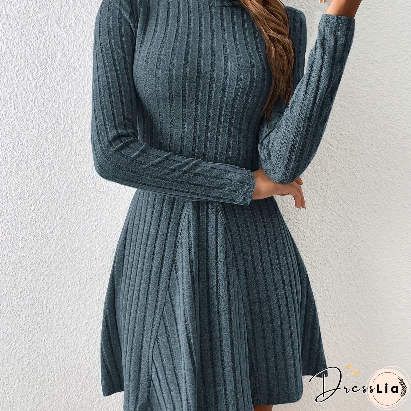 Solid Ribbed Dress, Casual Mock Neck Long Sleeve Dress, Women's Clothing