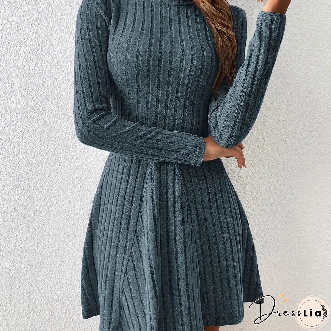 Solid Ribbed Dress, Casual Mock Neck Long Sleeve Dress, Women's Clothing
