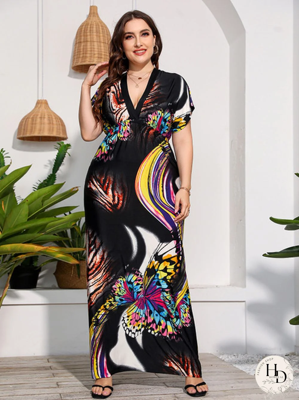 Plus Size Butterfly Print Smocked Waist Maxi Dress