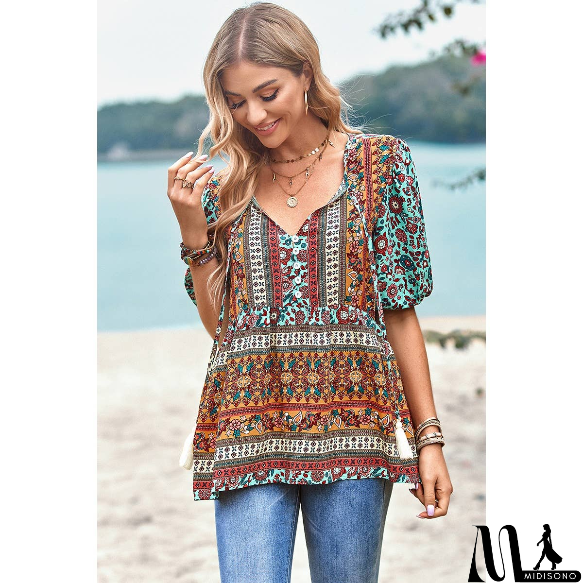 MidiSono - Floral Print Button Deep V Color Block Loose Fit Top