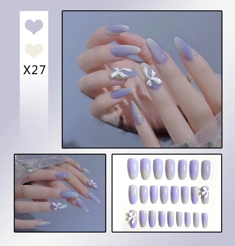 Aurora Transparent Fake Nails Tips for Finger Wear Crystal Ice Clear Butterfly Press on Nails Long Bow Ballet Diamond False Nail-Nail Inspo