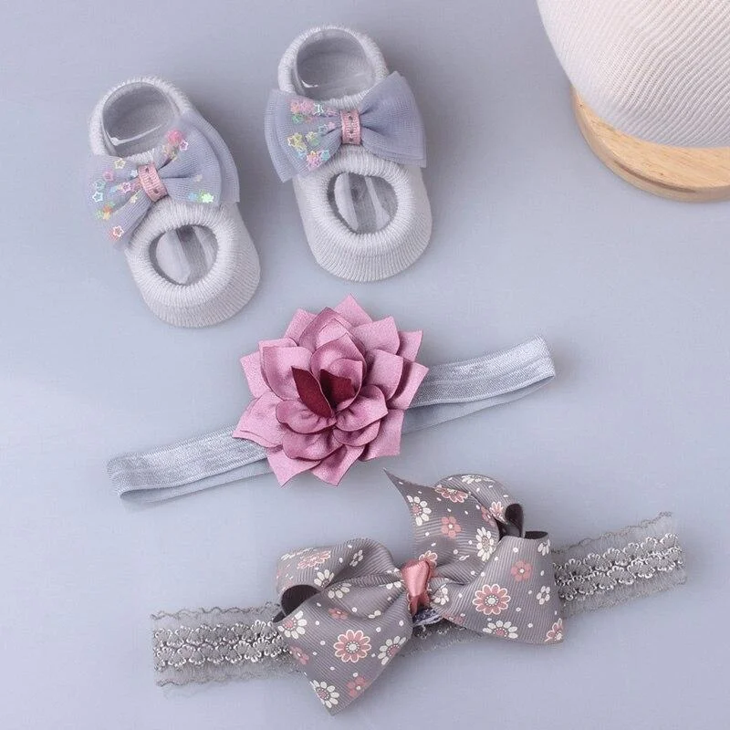 3Pcs/Set Lace Flower Baby Girl Headband Socks Set Crown Bows Newborn Hairband Headbands For Girls Turban Baby Hair Accessories