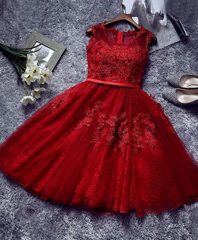 Burgundy Lace Tulle Short Prom Dress, Lace Evening Dress