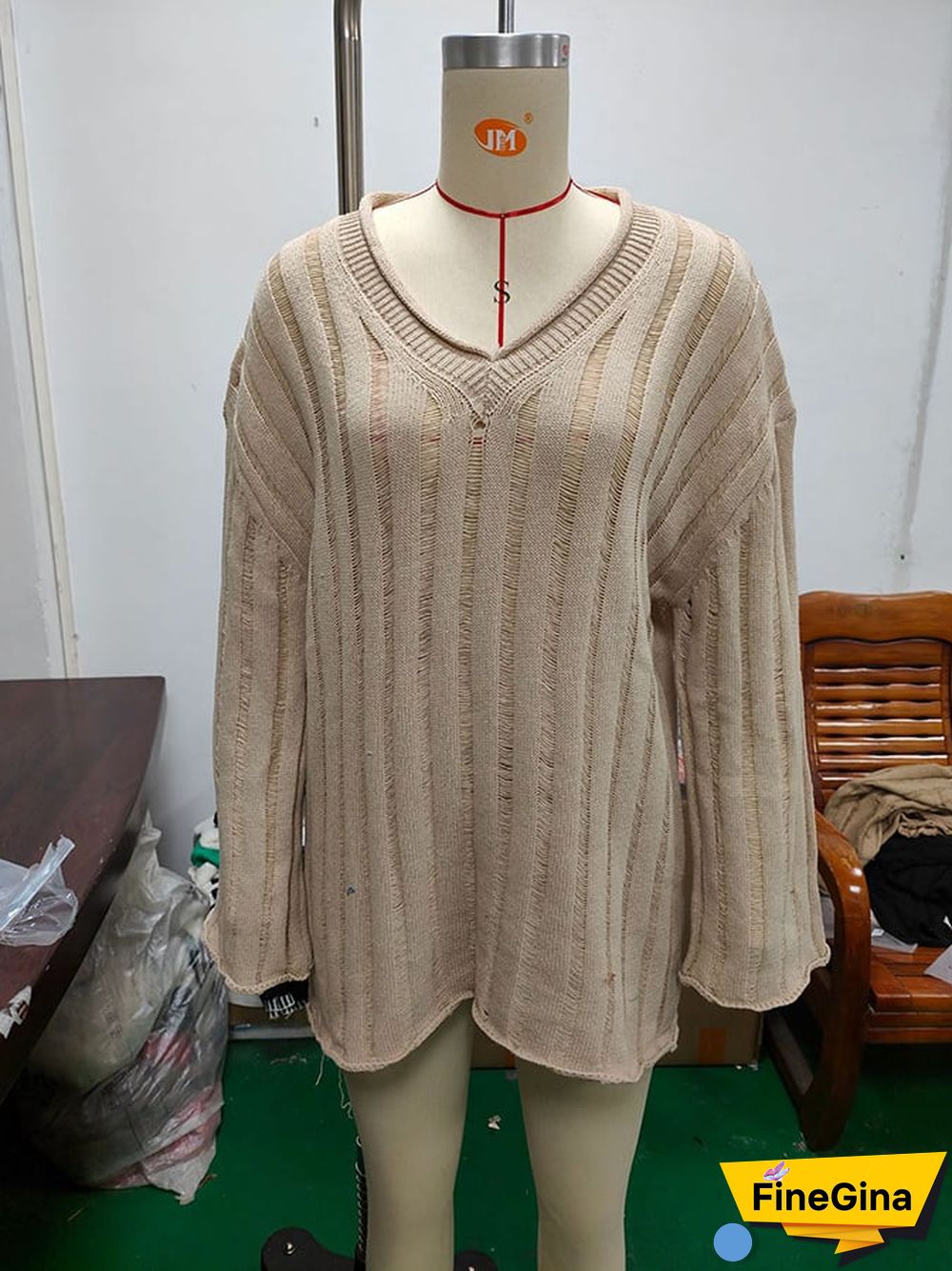 Women's Fashion Slouchy Rib Loose Pullover Rolled Edge V-Neck Sweater