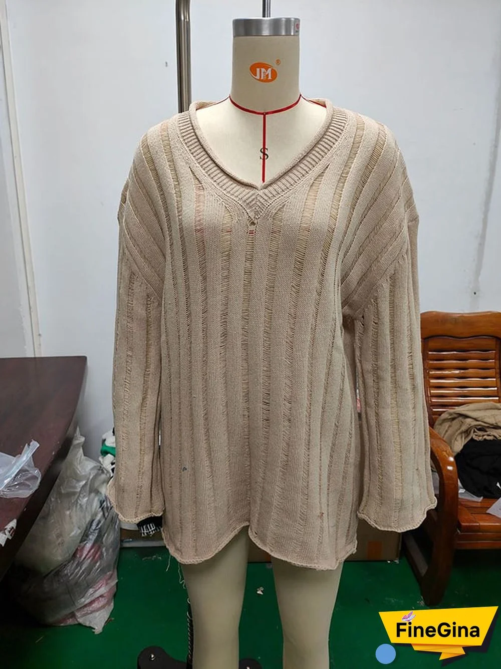 Women's Fashion Slouchy Rib Loose Pullover Rolled Edge V-Neck Sweater