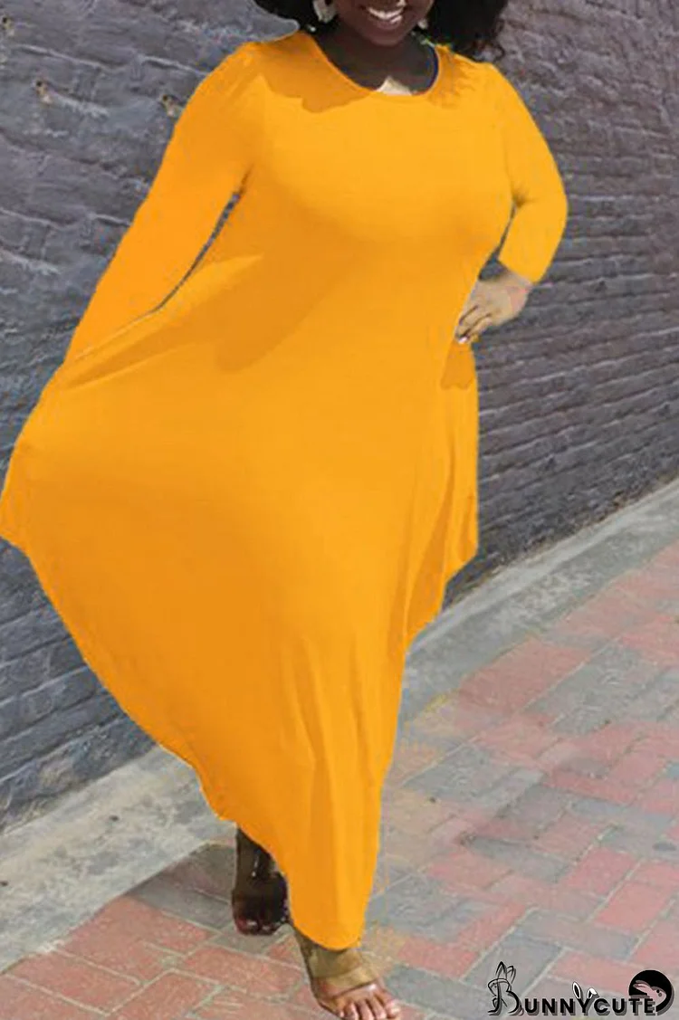 Orange Fashion Casual Solid Patchwork Basic O Neck Long Sleeve Plus Size Dresses