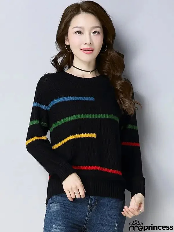Women's Acrylic O-Neck Full Sleeves Striped Pullover Sweater