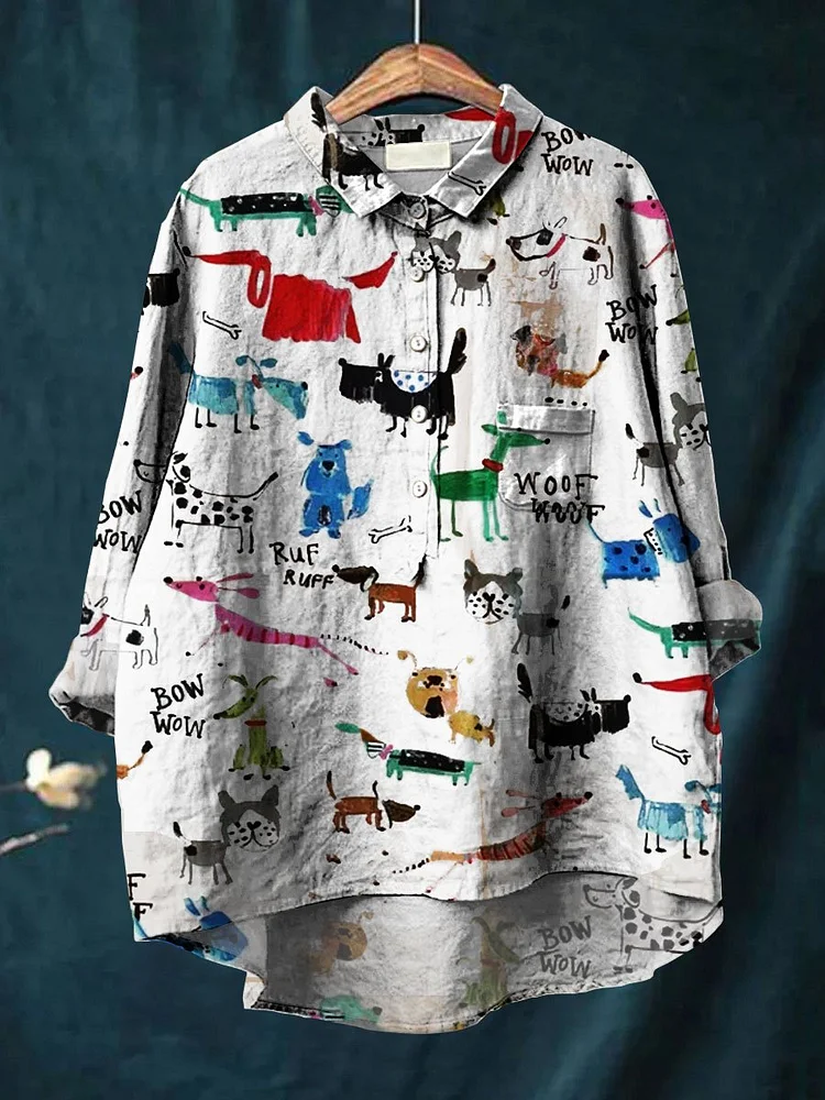 Women's Cute Dog Art Print Casual Cotton And Linen Shirt