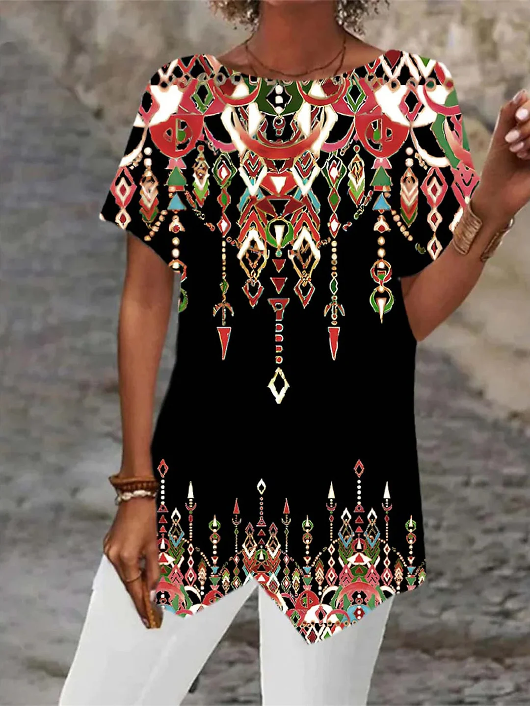 Women Asymmetrical Short Sleeve Scoop Neck Printed Graphic Top