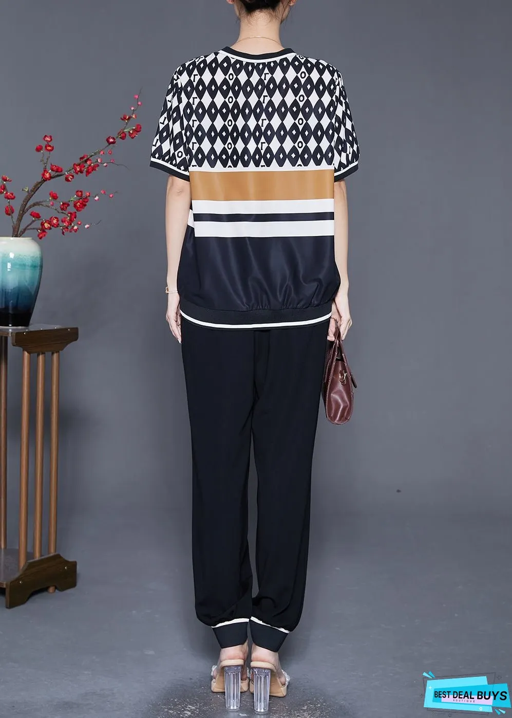 Stylish Black Oversized Print Chiffon Two Pieces Set Summer
