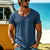 Men's Cotton Linen Ripped Hem T-Shirt With Crew Neck And Loose Fit For Casual Beach Wear by Inlyline