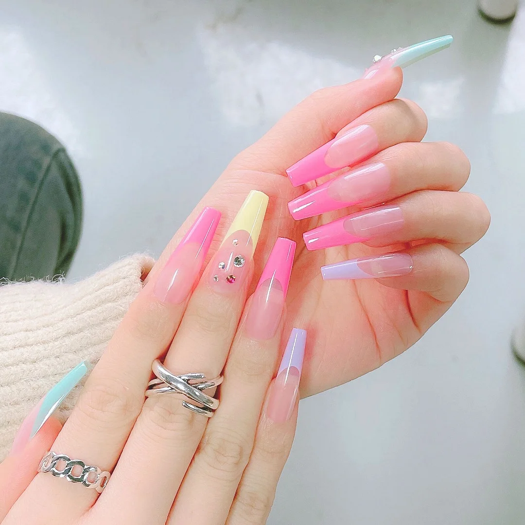 24pc Rhinestone Nail Press Ons Extra Long Coffin 3d Designed Fake Nails Jewel Luxury French Ballerina False Nail Tips Full Cover-Nail Inspo