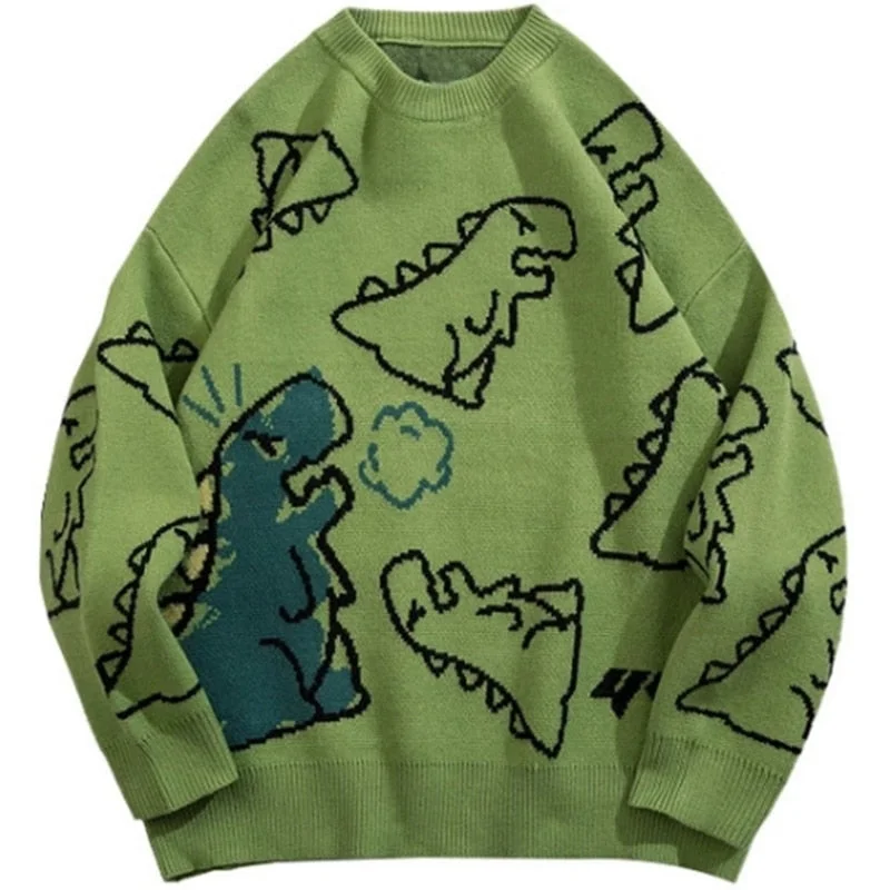 Aonga Sweater Men Fashion Knitted Hip Hop Streetwear Dinosaur Cartoon Pullover Oversize Casual Couple O-Neck Vintage Sweaters