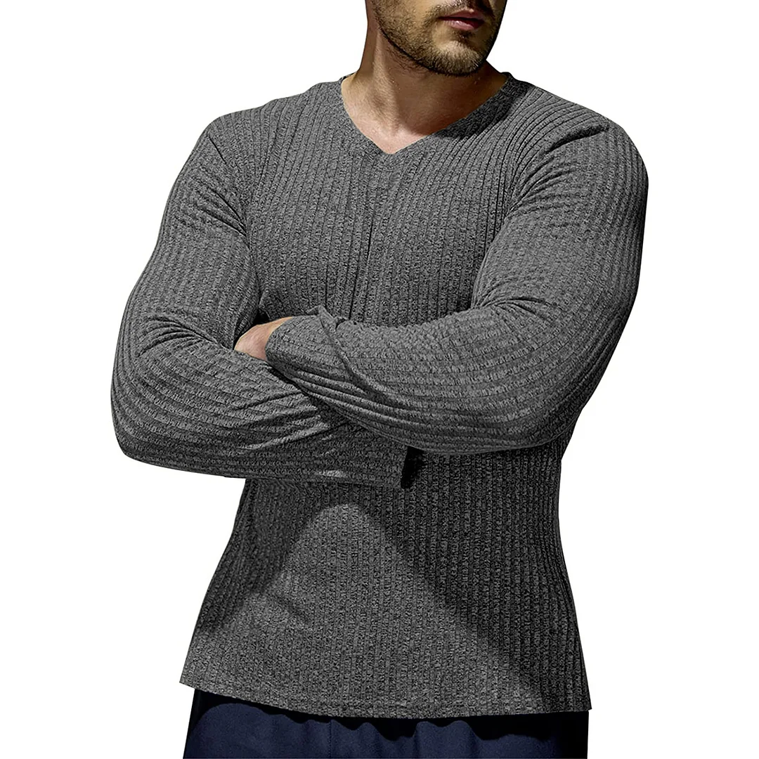 Men's Casual V-Neck Comfort Long Sleeve Knit T-Shirt